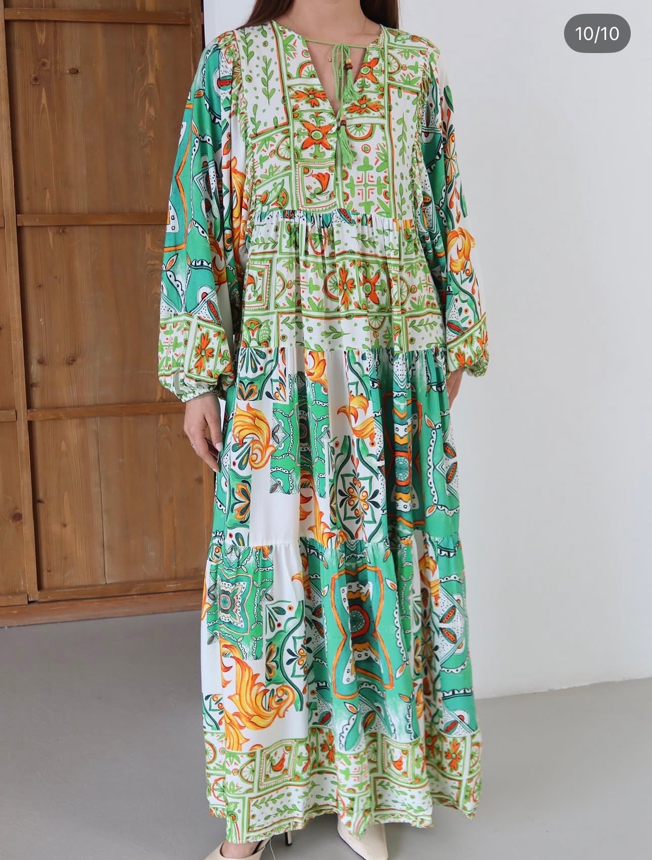 Robe Longue Bohème Imprimé Patchwork Vert & Terracotta
