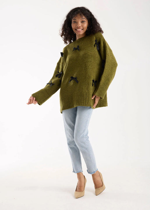 Pull Vert Olive avec Nœuds Satinés