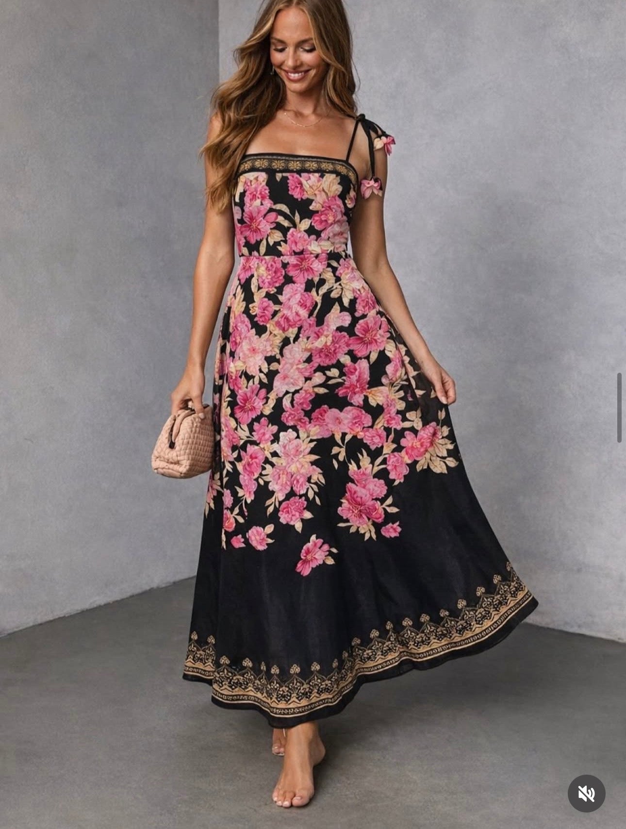 Robe Longue Fleurie Bohème Noire & Rose – Robe d’Été à Bretelles Nouées