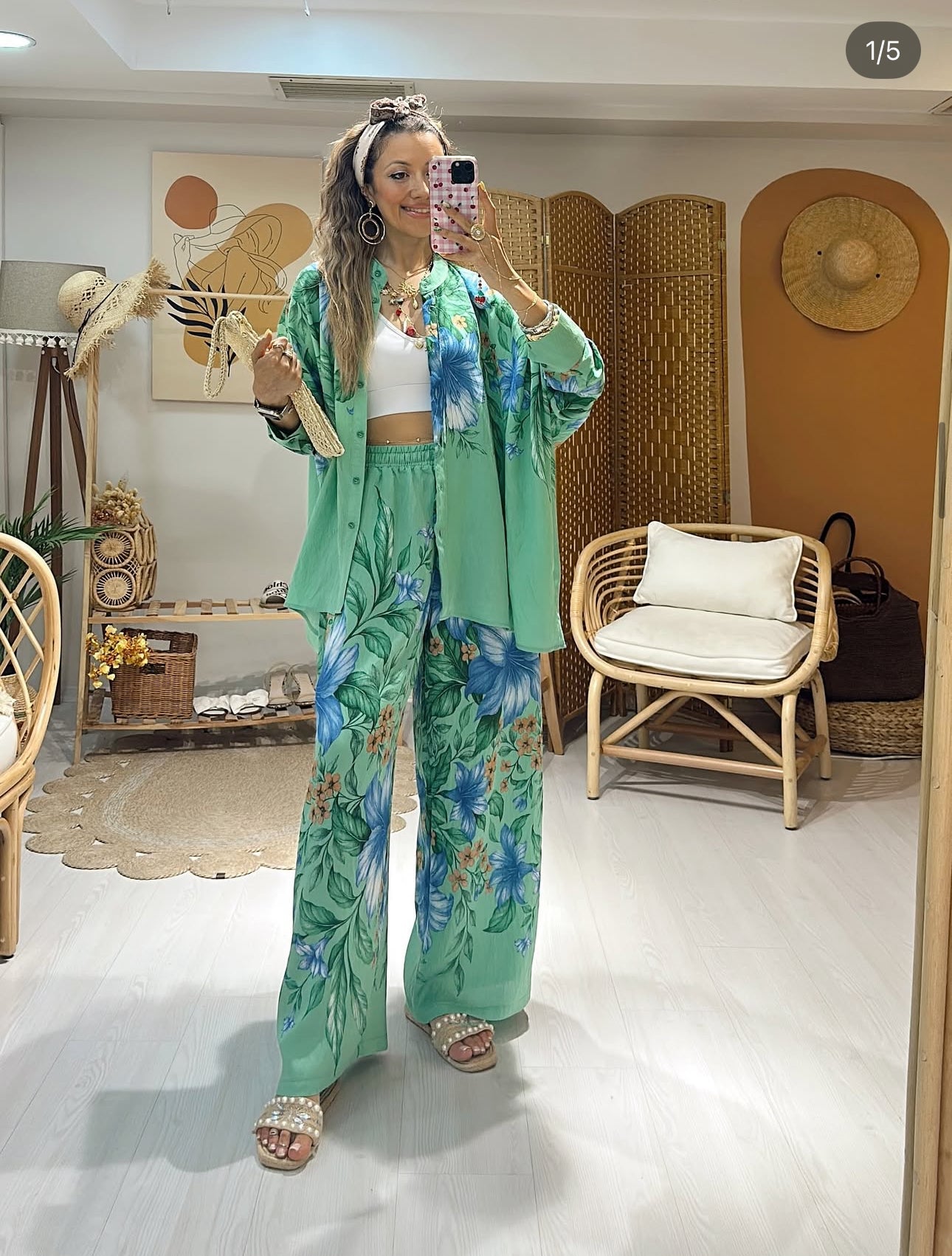 Ensemble “Blue Garden” – Chemise & pantalon fluides imprimés
