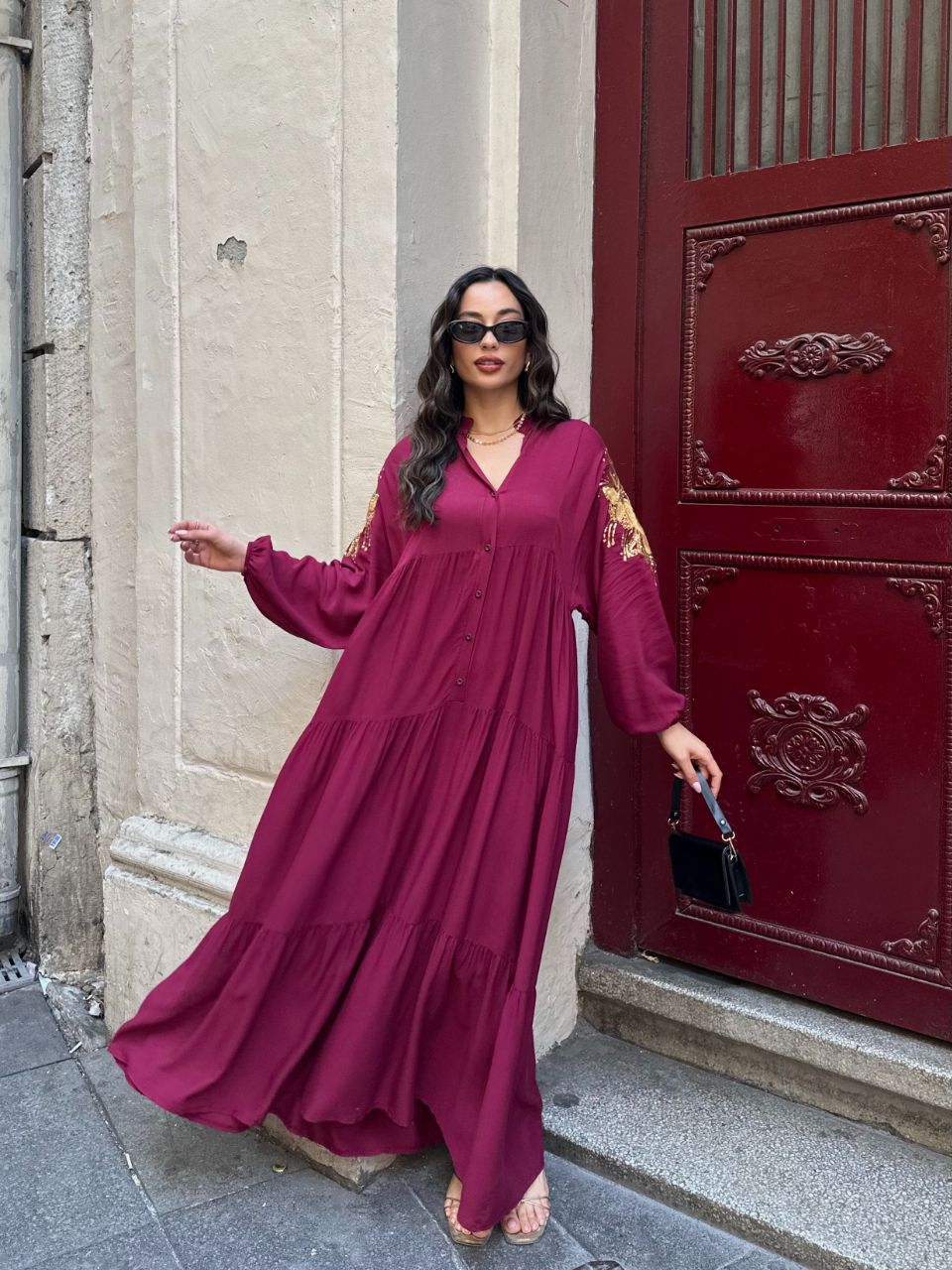 Robe Longue Bohème Chic – Bordeaux Brodé Or