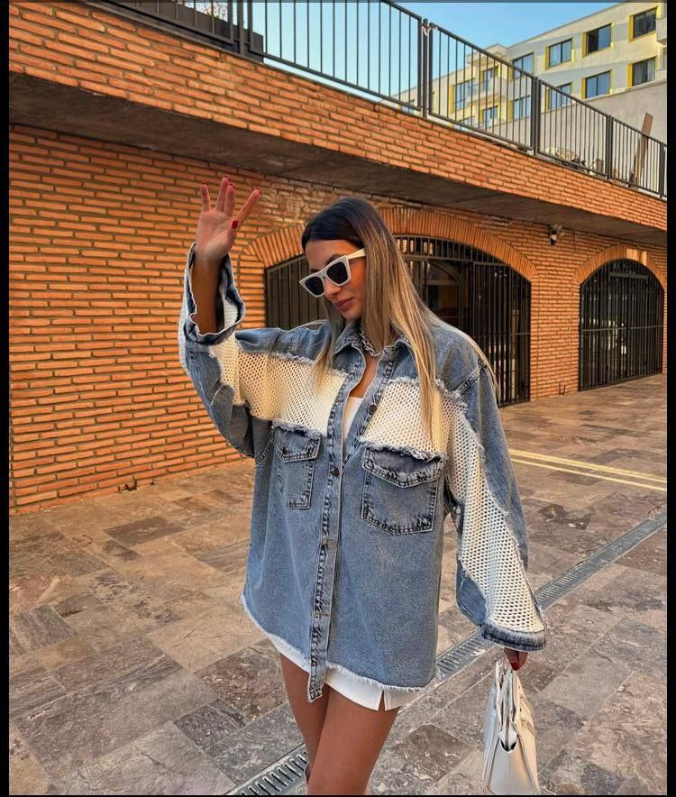 Veste en jean oversize avec empiècements en maille