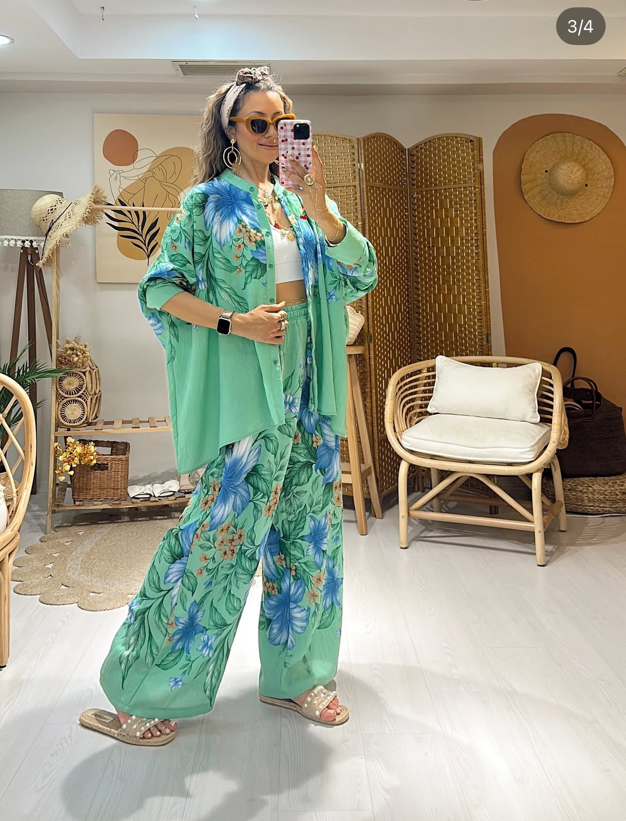 Ensemble “Blue Garden” – Chemise & pantalon fluides imprimés
