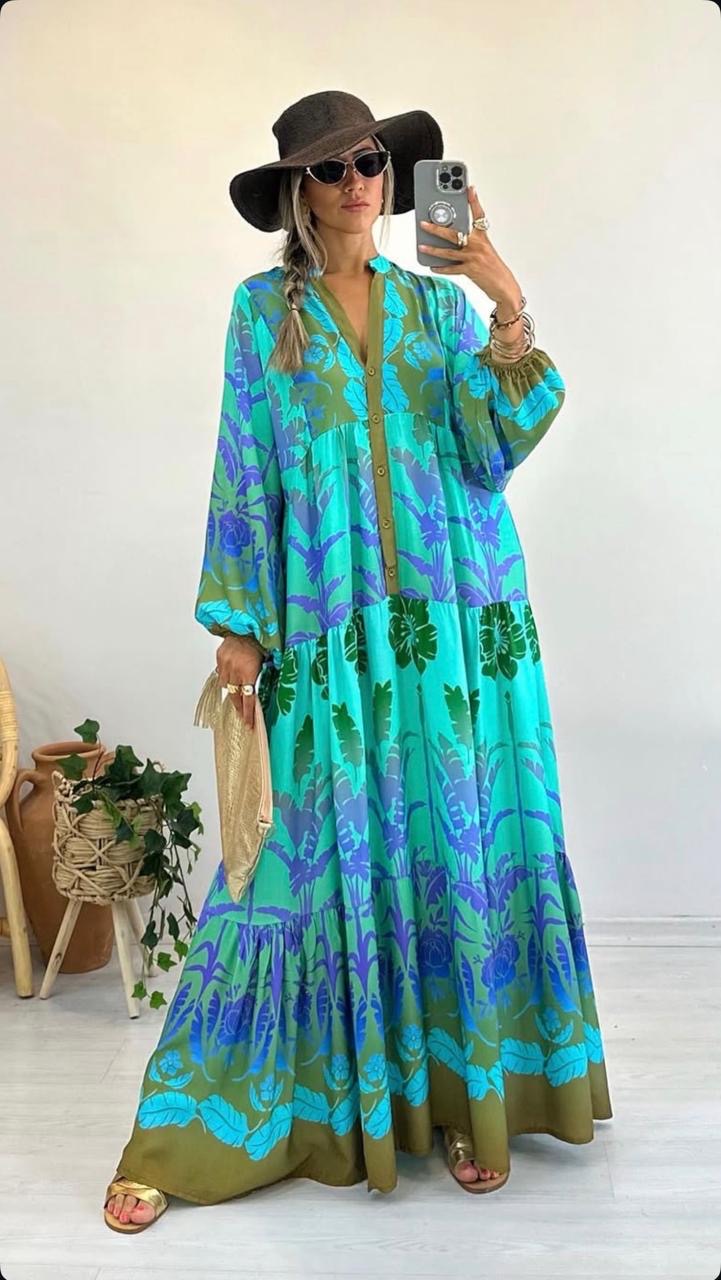 Robe longue bohème à imprimé tropical — vert émeraude & bleu roi