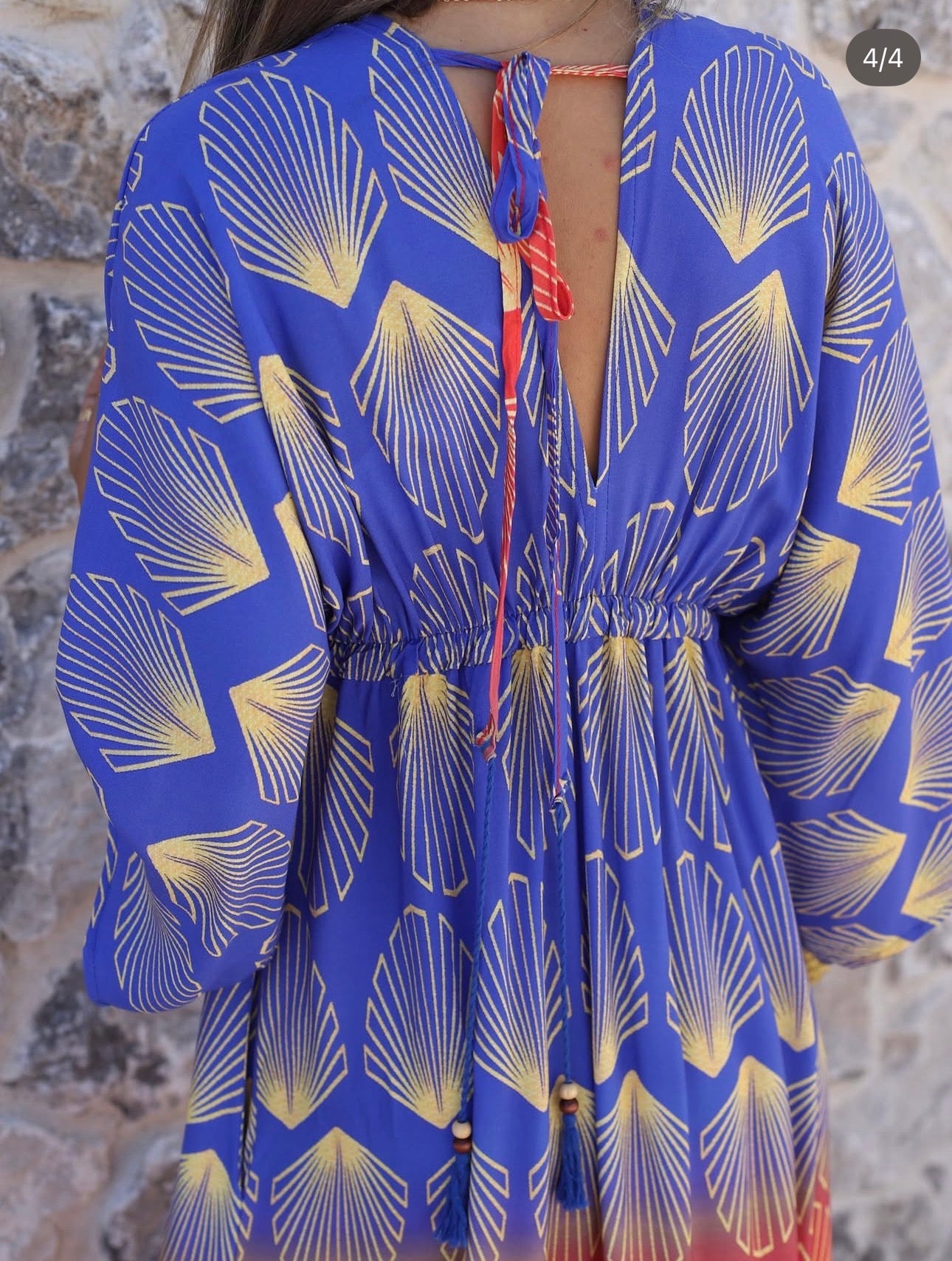 Robe caftan longue à imprimé coquillage — dégradé bleu roi & corail