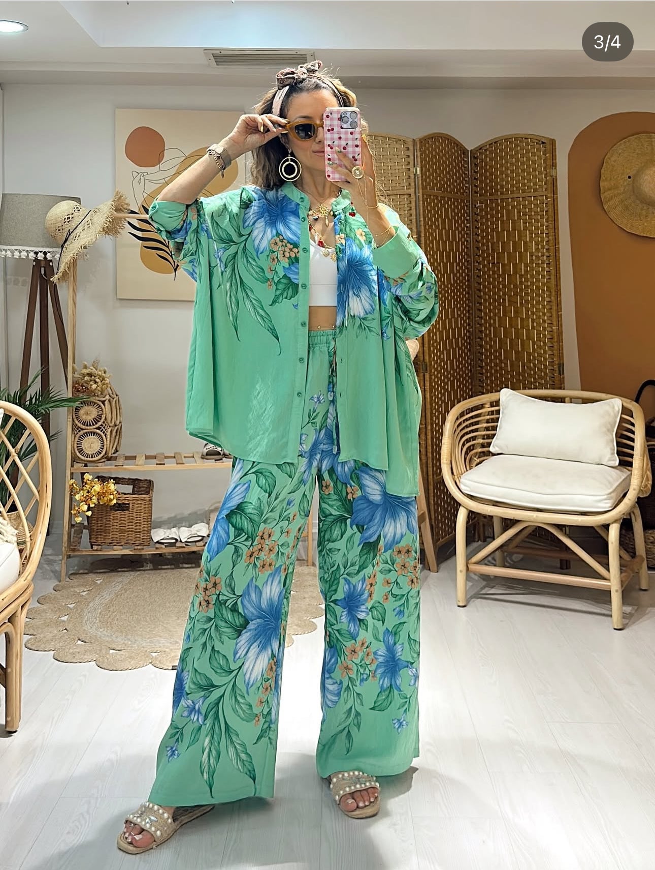 Ensemble “Blue Garden” – Chemise & pantalon fluides imprimés