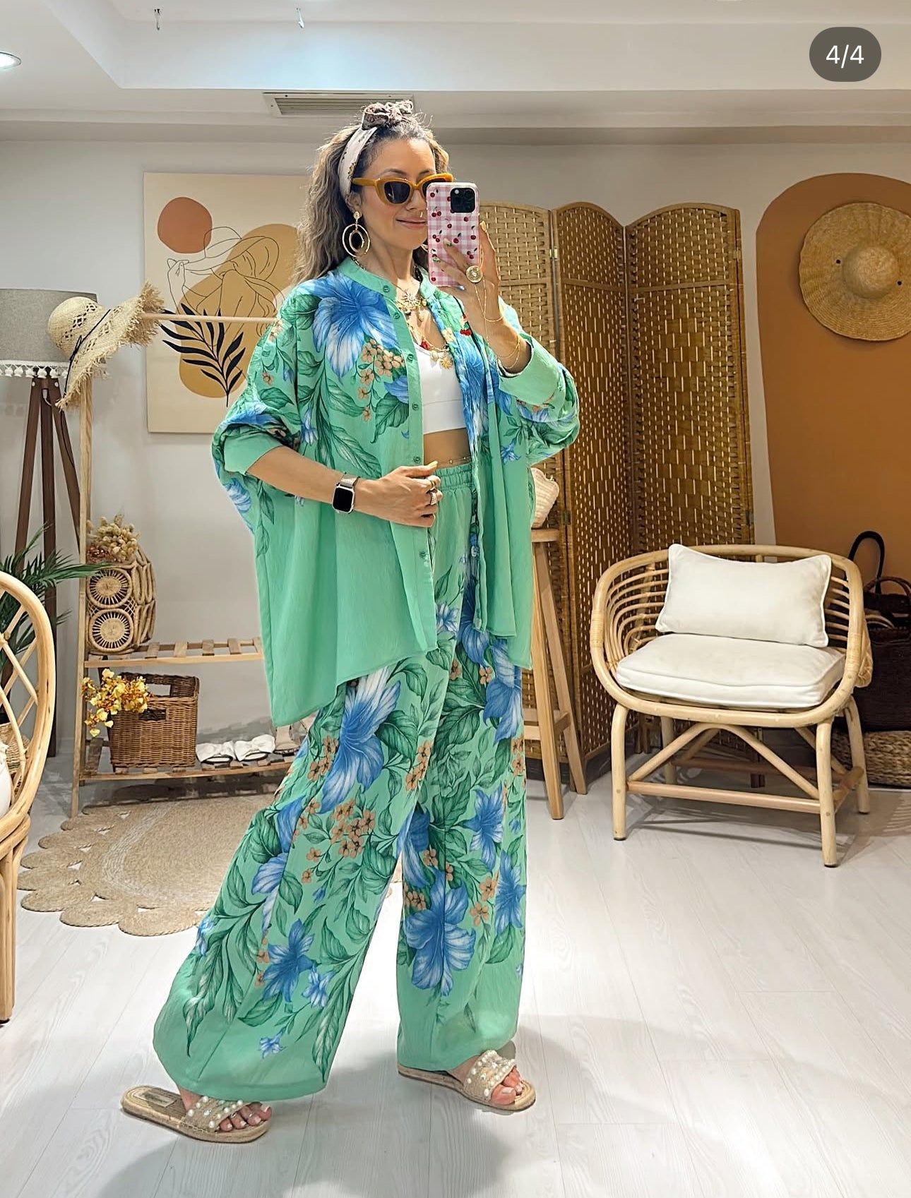 Ensemble “Blue Garden” – Chemise & pantalon fluides imprimés