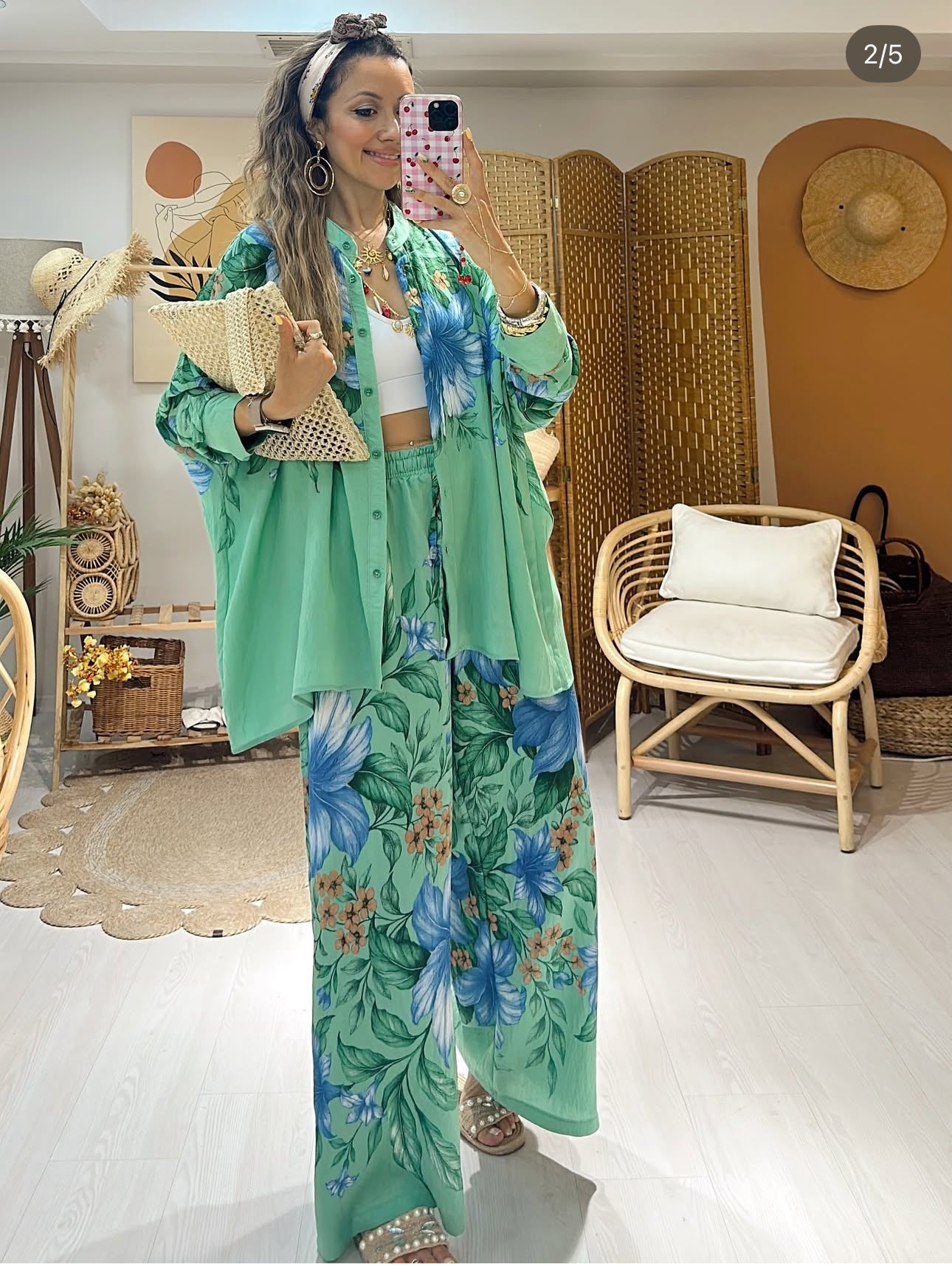 Ensemble “Blue Garden” – Chemise & pantalon fluides imprimés