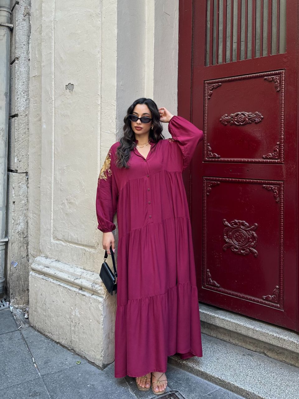 Robe Longue Bohème Chic – Bordeaux Brodé Or