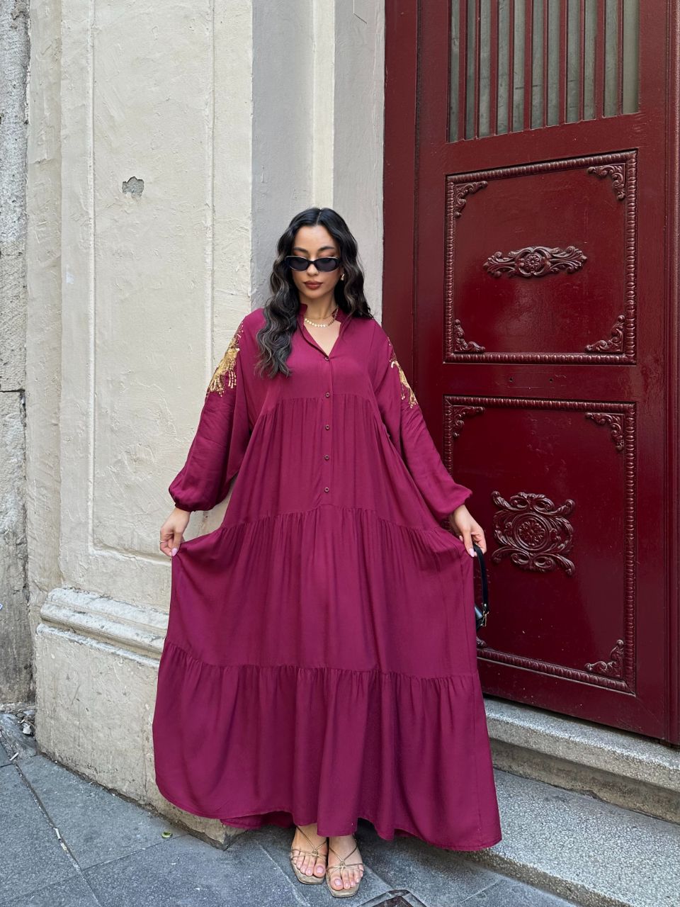 Robe Longue Bohème Chic – Bordeaux Brodé Or