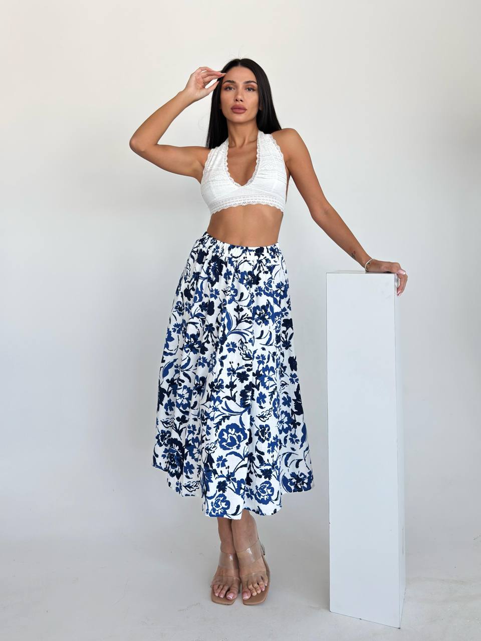 Jupe Midi Imprimé Fleuri Bleu & Blanc – Taille Élastique