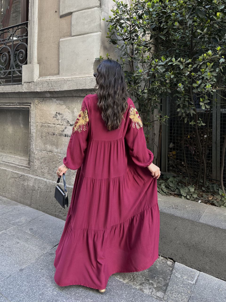 Robe Longue Bohème Chic – Bordeaux Brodé Or