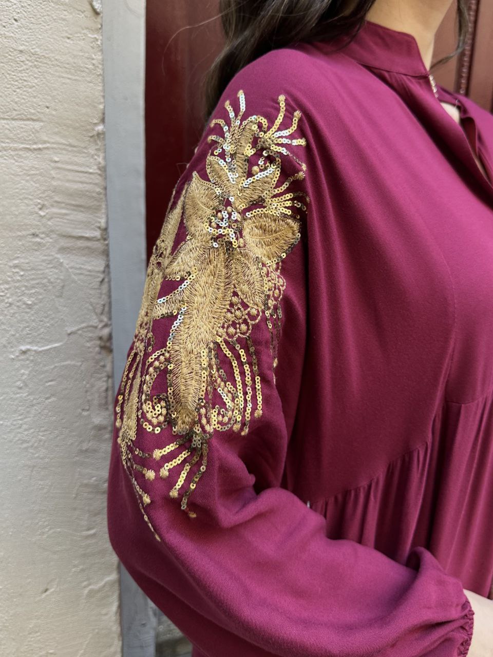 Robe Longue Bohème Chic – Bordeaux Brodé Or