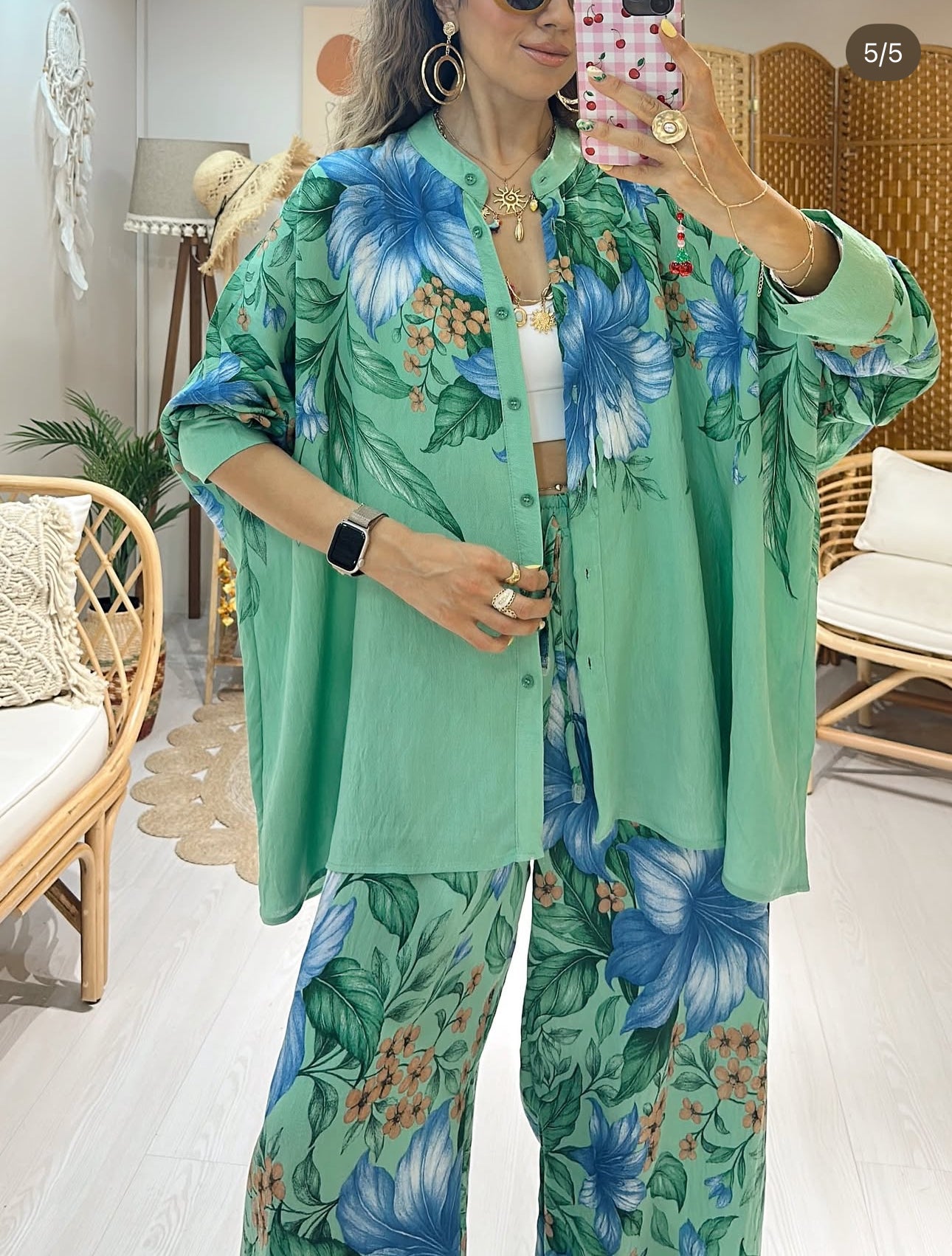 Ensemble “Blue Garden” – Chemise & pantalon fluides imprimés