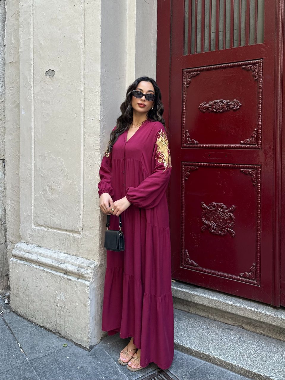 Robe Longue Bohème Chic – Bordeaux Brodé Or