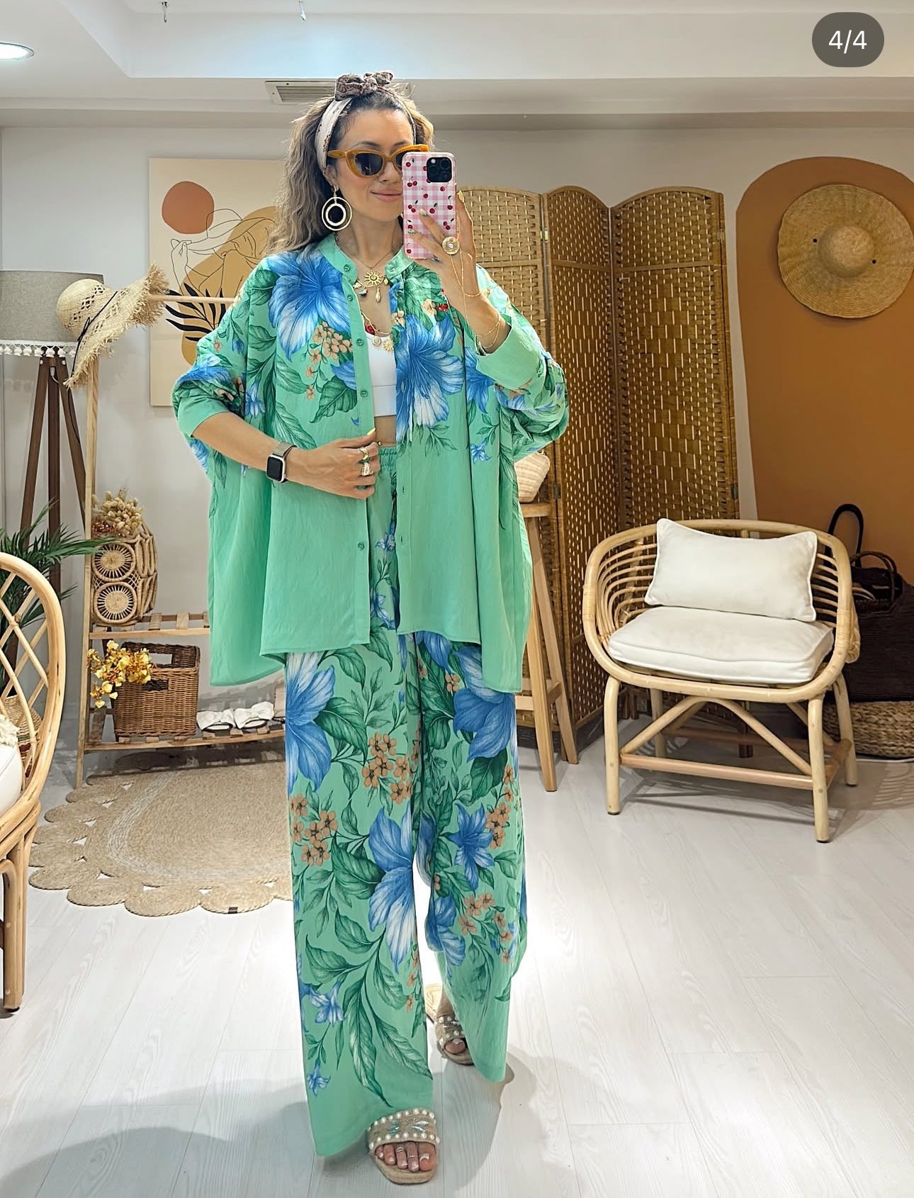 Ensemble “Blue Garden” – Chemise & pantalon fluides imprimés