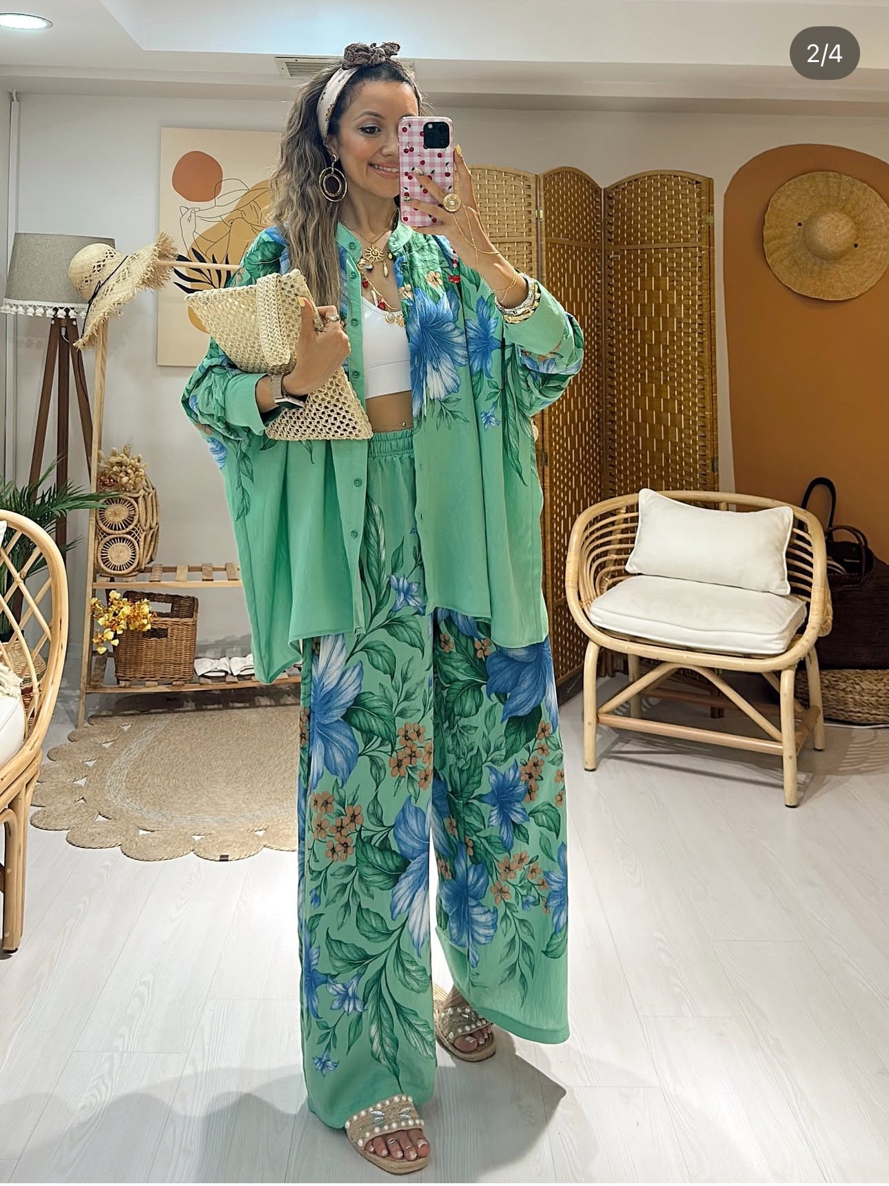 Ensemble “Blue Garden” – Chemise & pantalon fluides imprimés