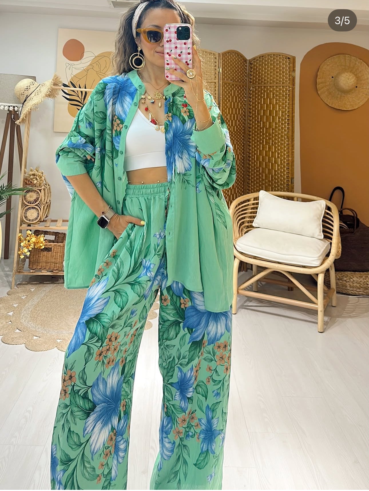 Ensemble “Blue Garden” – Chemise & pantalon fluides imprimés