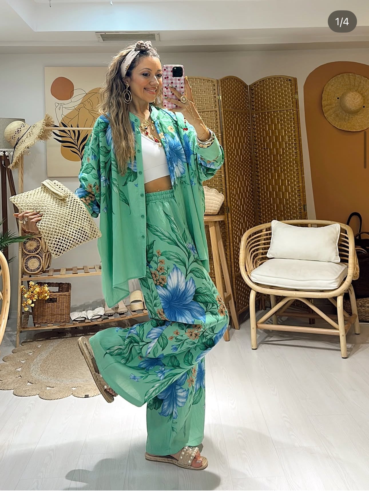 Ensemble “Blue Garden” – Chemise & pantalon fluides imprimés