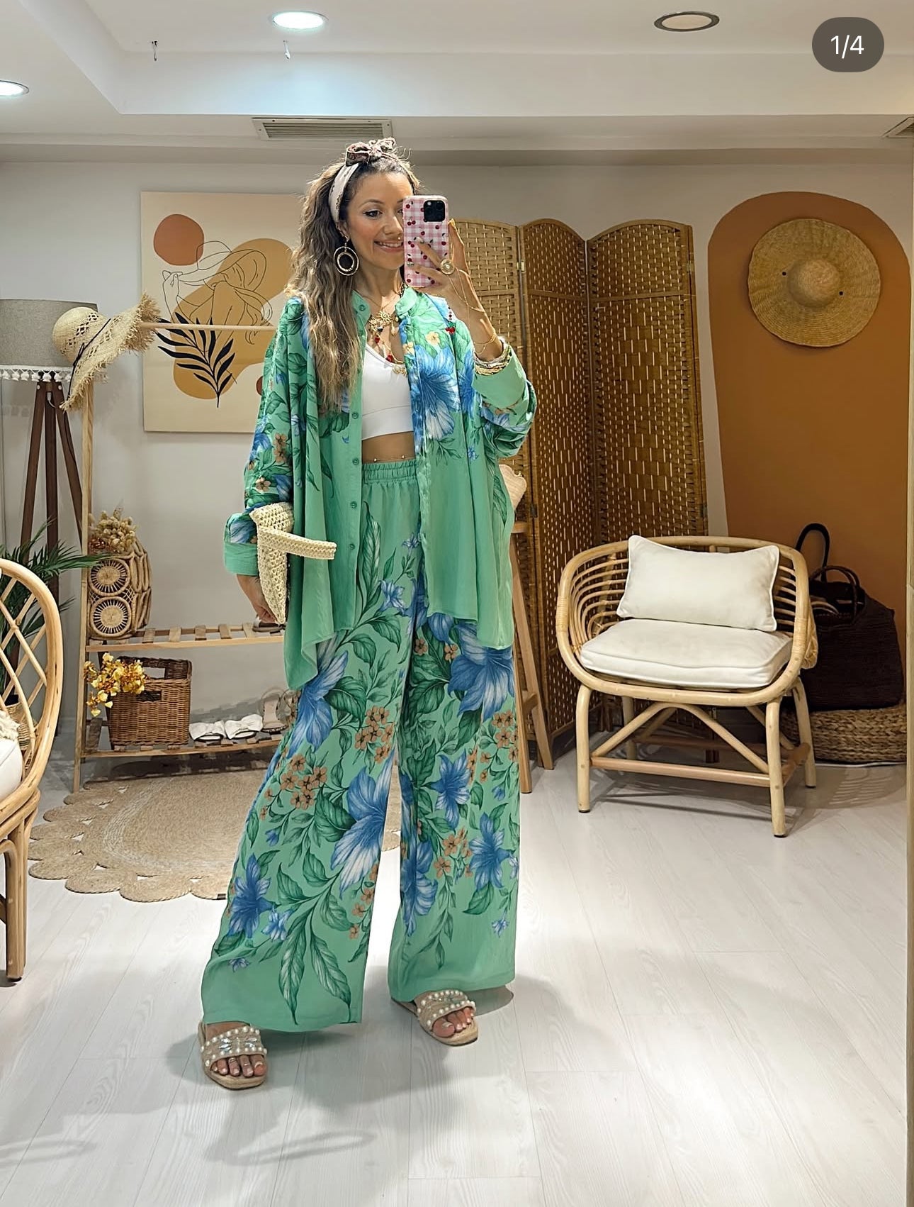 Ensemble “Blue Garden” – Chemise & pantalon fluides imprimés