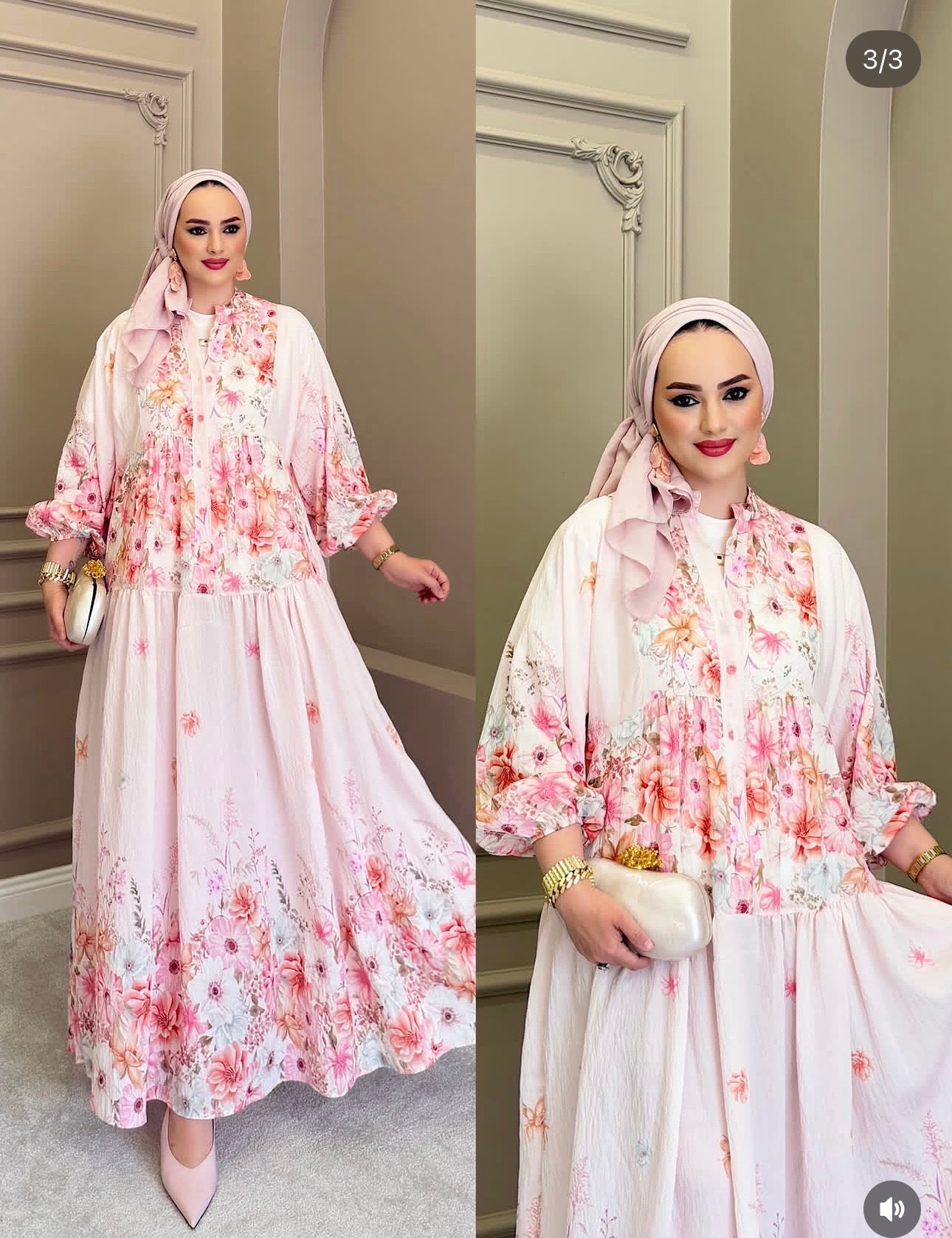 Robe longue à imprimé floral romantique — rose poudré