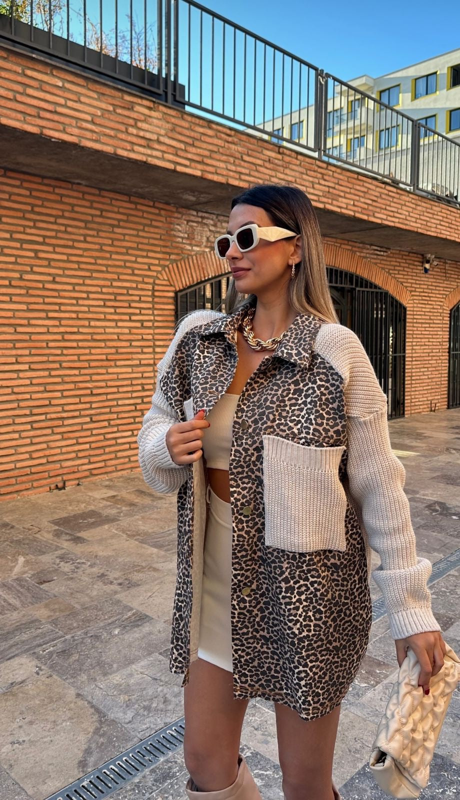 Cardigan bicolore beige et léopard