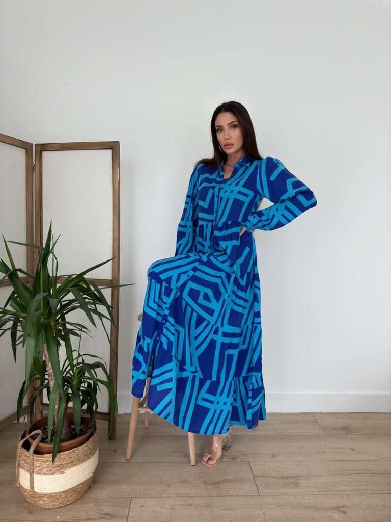 Robe Midi Graphique bleu et Noire