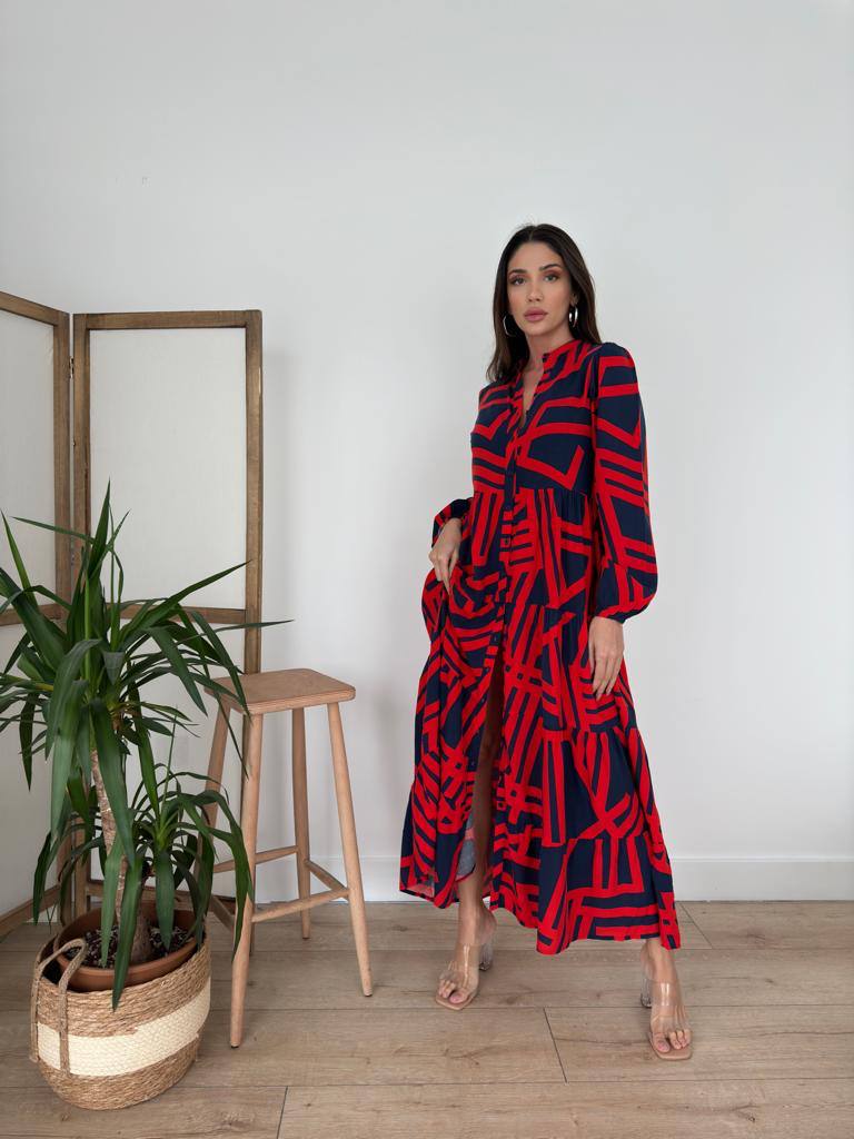 Robe Midi Graphique Rouge et Noire