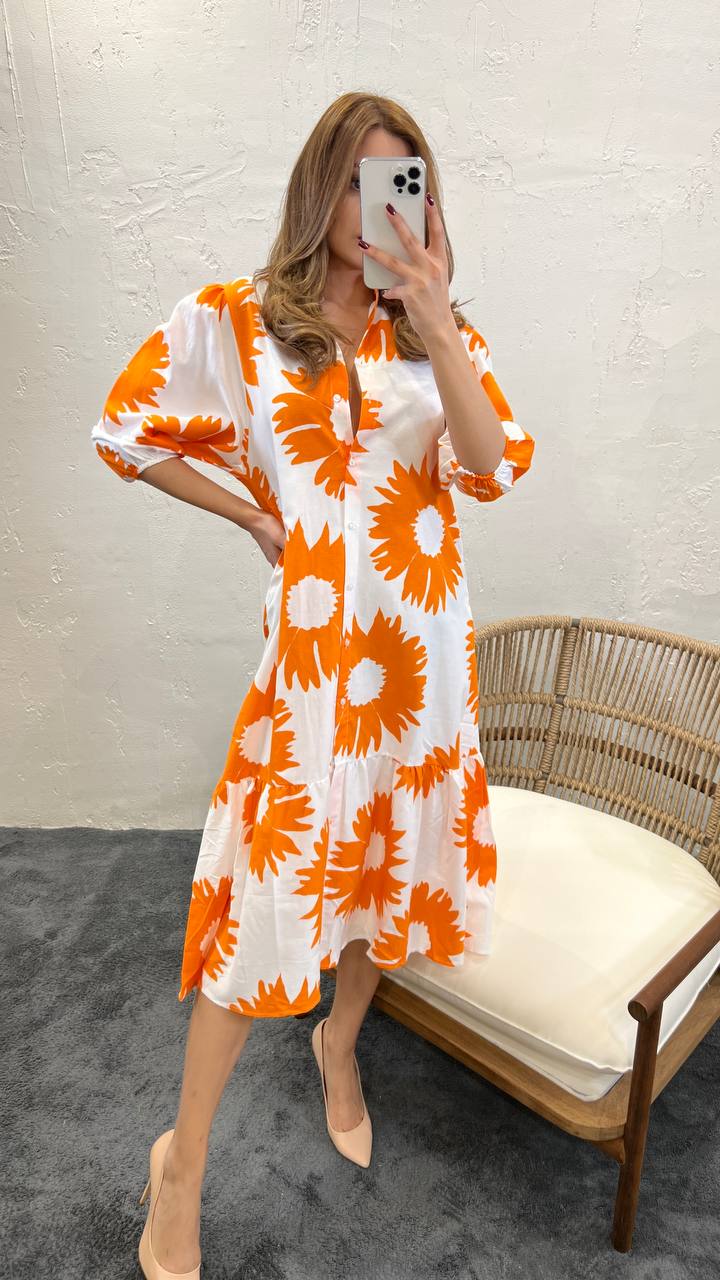 Robe longue demi manche à motif fleuri
