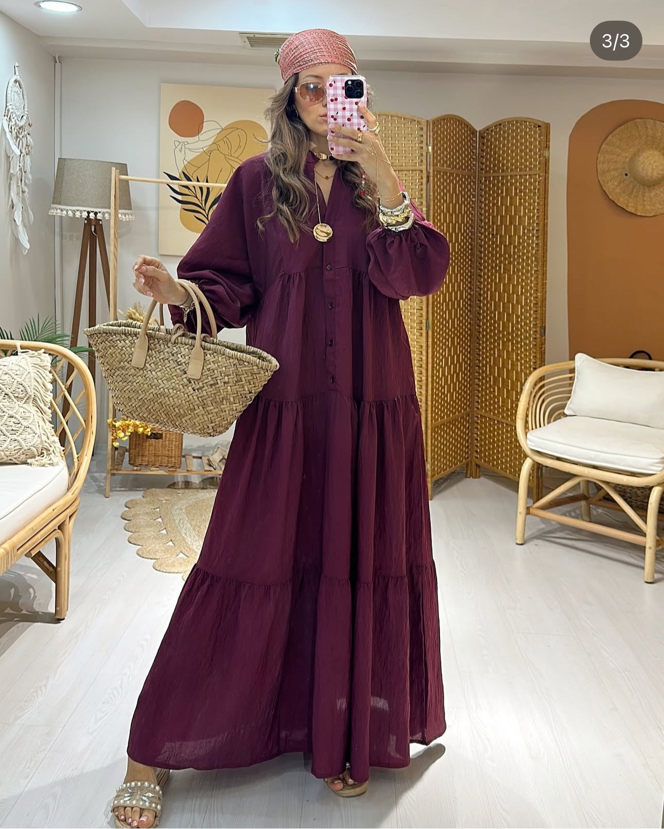 Robe Bohème “Grenat Nomade” – Maxi robe à volants