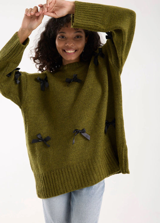 Pull Vert Olive avec Nœuds Satinés