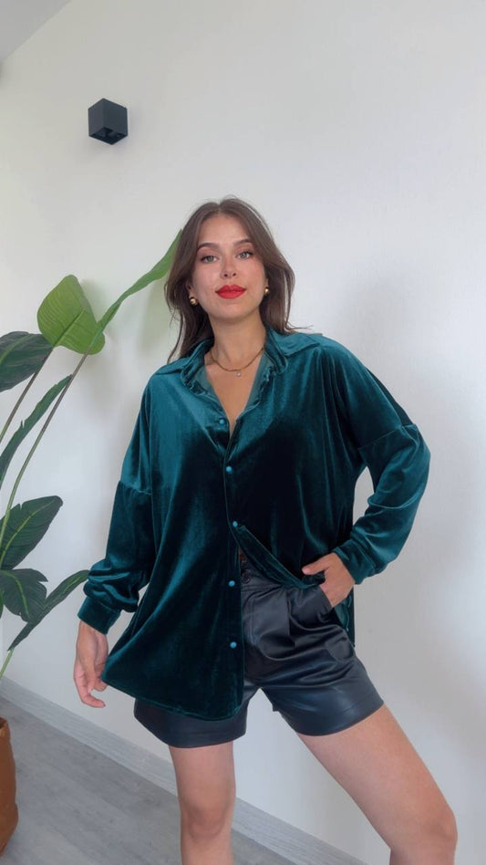 Chemise oversize en velours émeraude