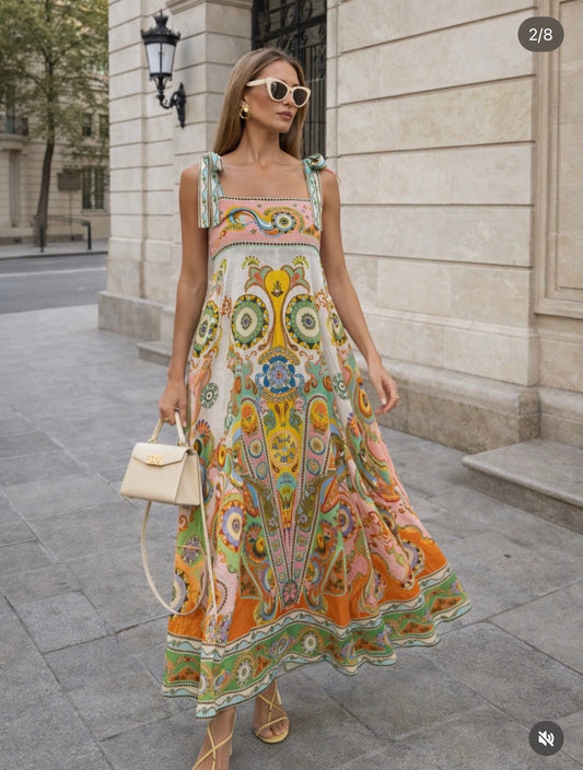 Robe longue à imprimé folk multicolore