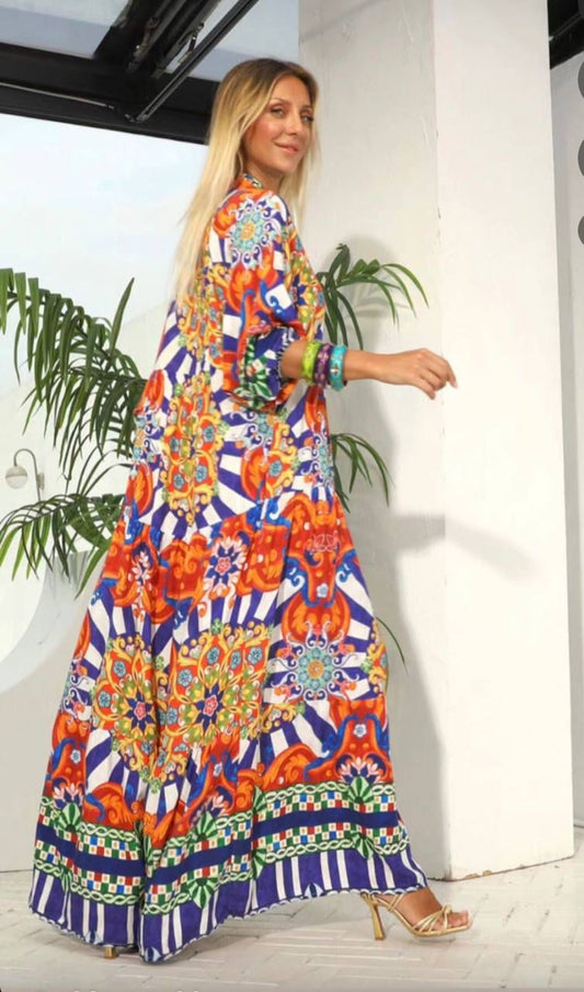 Robe longue à imprimé majolique — bleu roi, orange & blanc