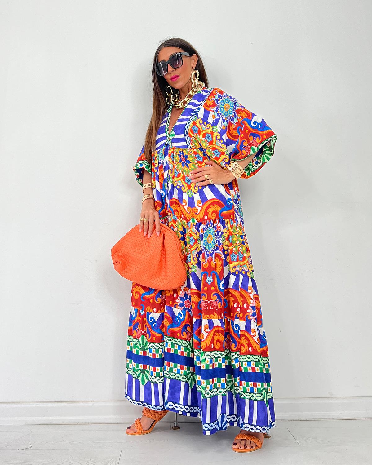 Robe longue à imprimé majolique sicilien — bleu roi, orange & vert