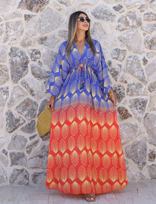 Robe caftan longue à imprimé coquillage — dégradé bleu roi & corail