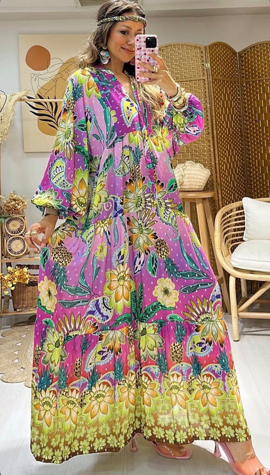 Robe longue bohème à imprimé floral exotique — fuchsia, anis & orange