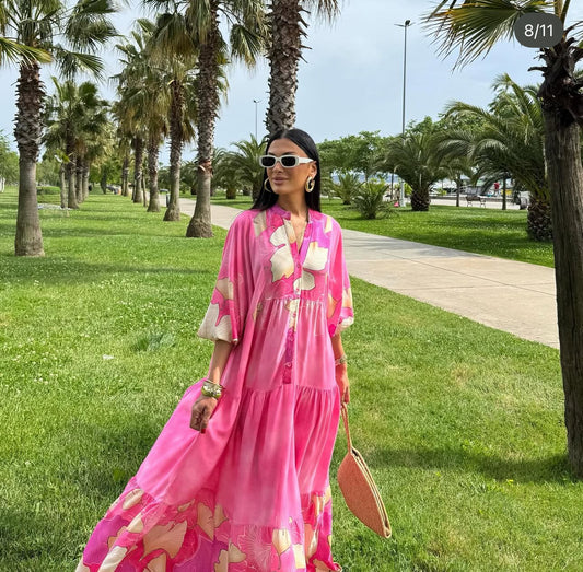 Robe longue “Pink Garden” – imprimé floral rose et beige