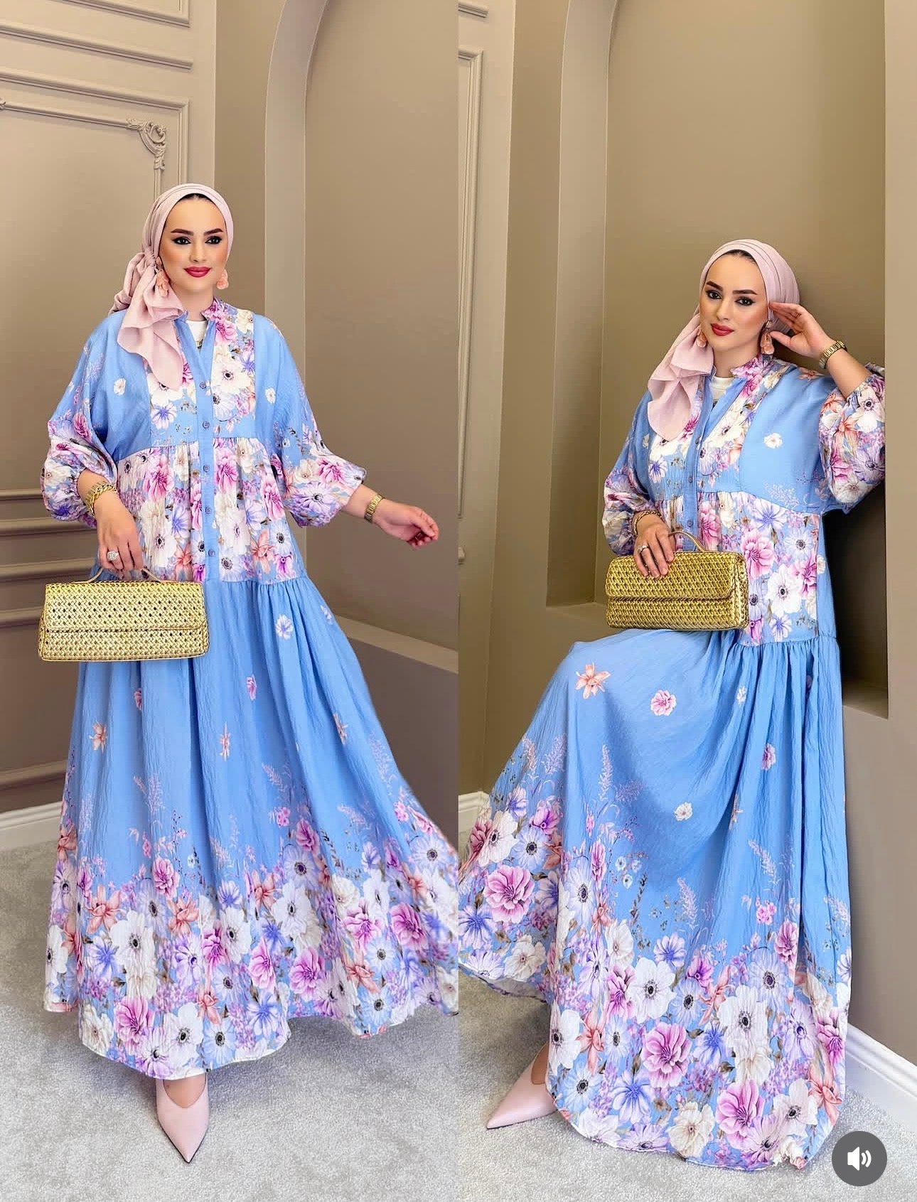 Robe longue à imprimé floral champêtre — bleu ciel