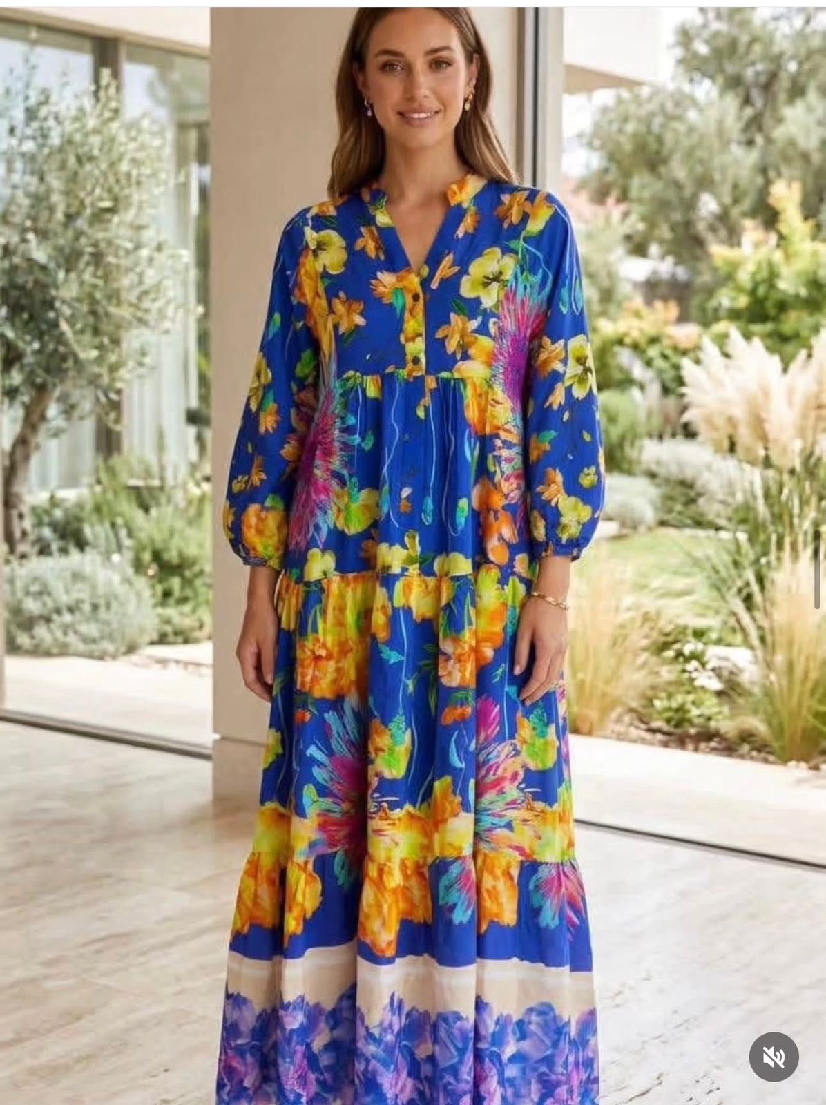 Robe longue bohème à imprimé floral tropical — bleu roi multicolore