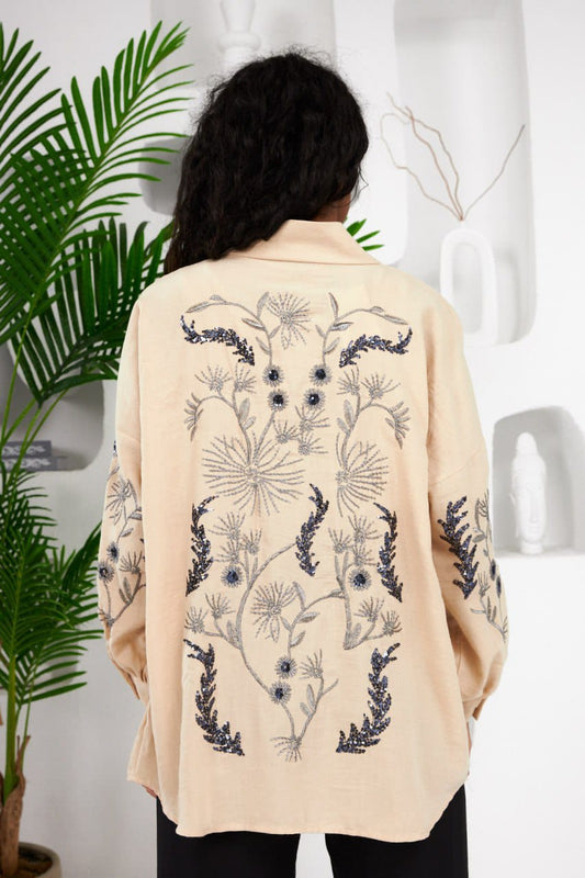 Kimono en Lin Naturel à Motif Floral