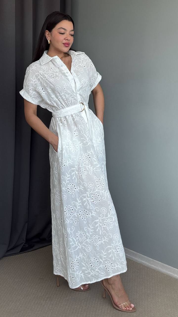 Robe Chemise Brodée “Blanche” – Ceinture à nouer