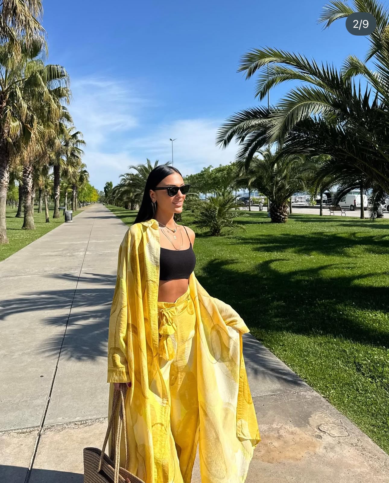 Ensemble “Sunny Flow” – Kimono & Pantalon fluide en imprimé soleil