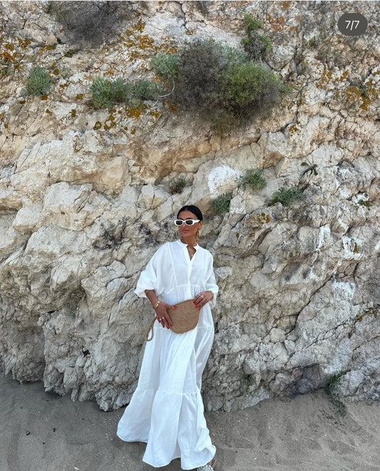 Robe “Blanche Pureté” – Longue fluide unie en coton aérien