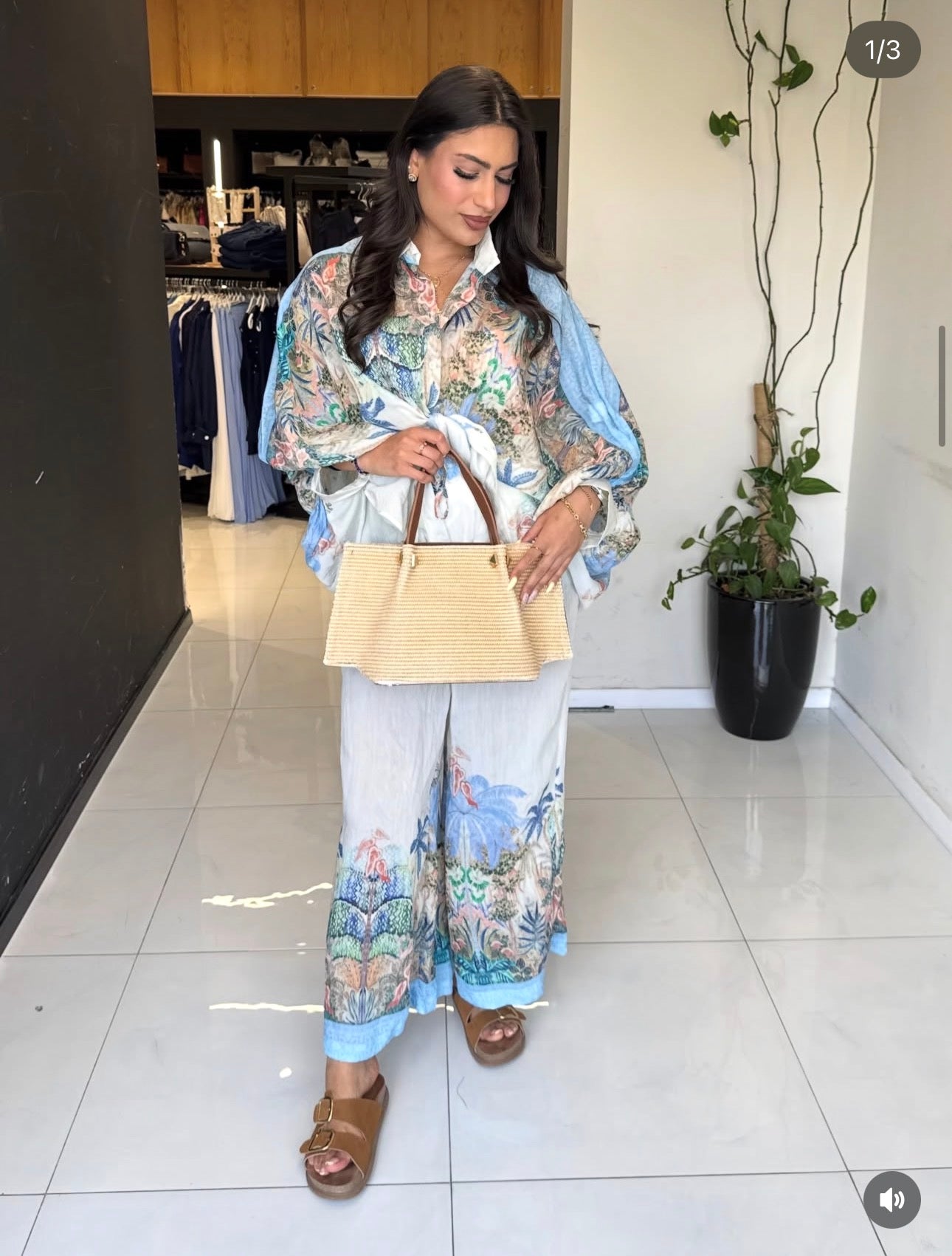 Ensemble fluide chemise & pantalon imprimé tropical