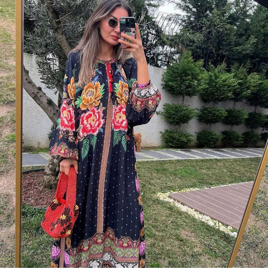Robe longue “Boho Bloom” – Imprimé floral baroque