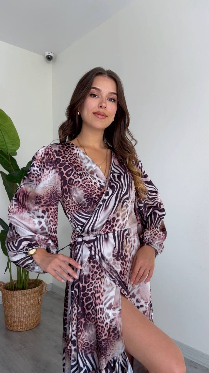 Robe longue cache-cœur imprimé leopard