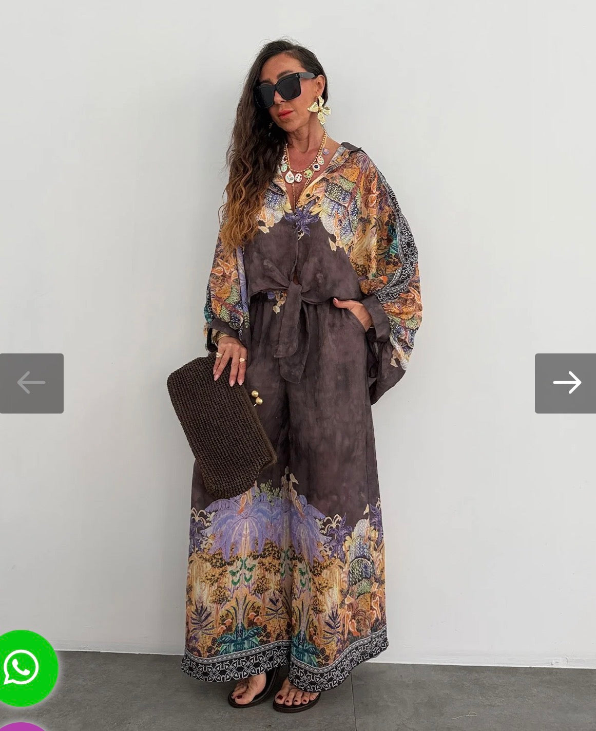 Ensemble fluide marron chemise & pantalon imprimé tropical