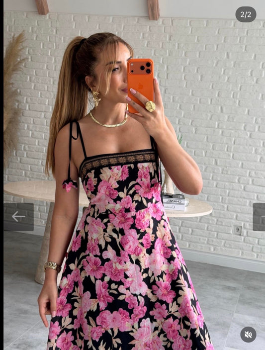Robe Longue Fleurie Bohème Noire & Rose – Robe d’Été à Bretelles Nouées