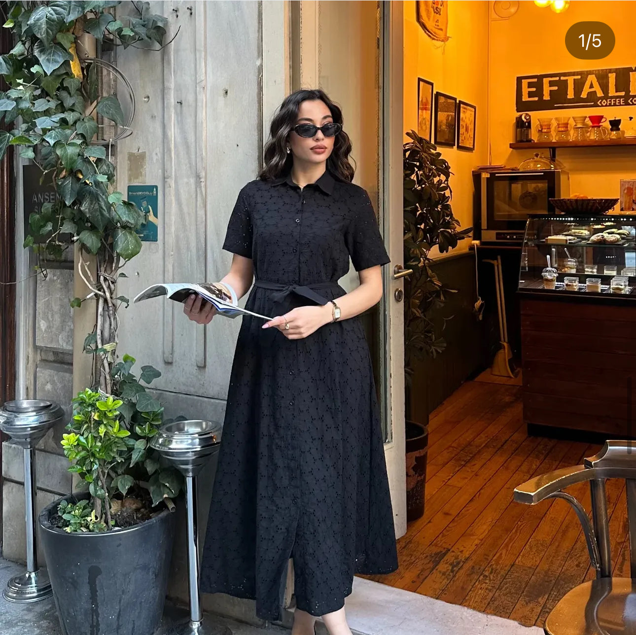 Robe Chemise Brodée “Noire Élégance” – Ceinture à nouer